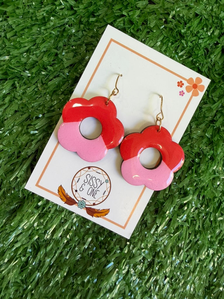 Flower Pink and Red Colour Block Earrings