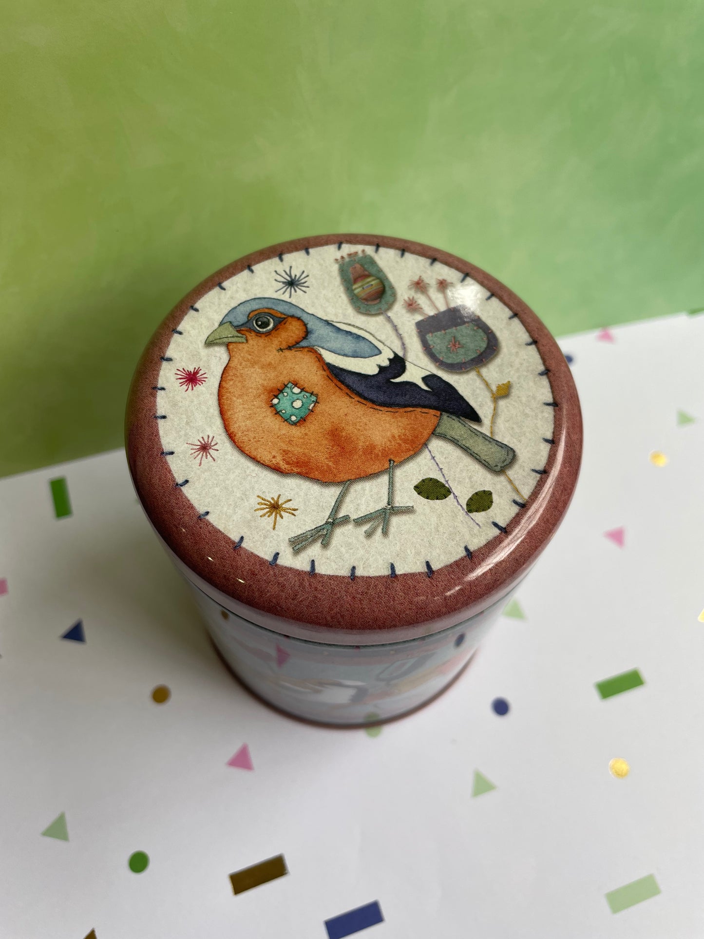 Stitched Birdies Round Tin