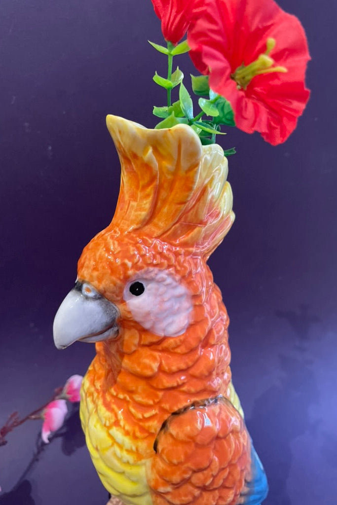Orange Parrot on Perch Ceramic Vase
