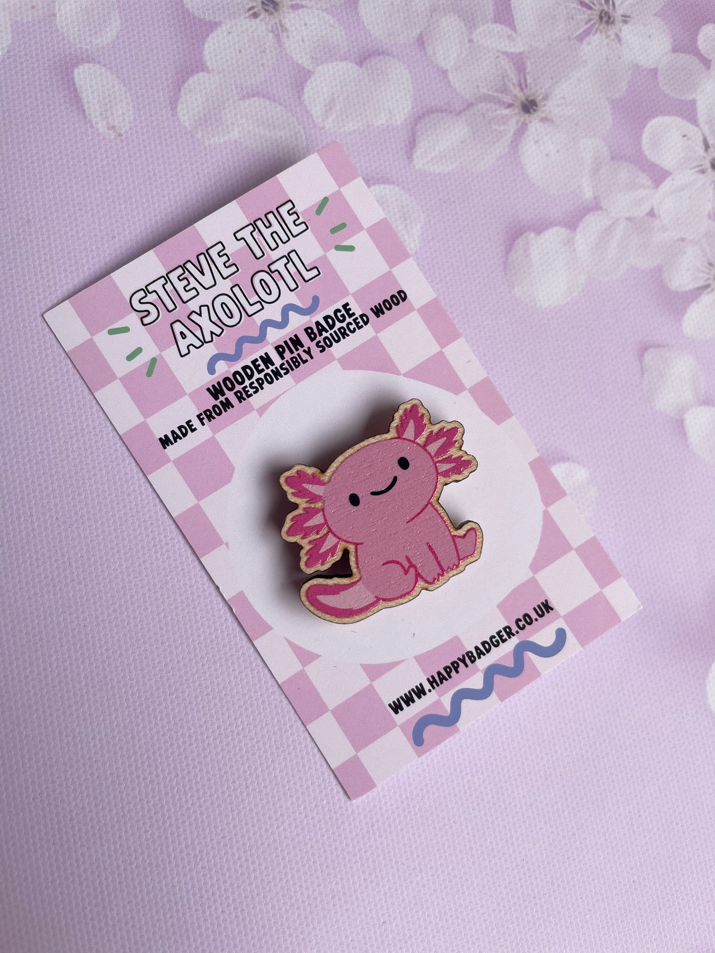 Steve The Axolotl Wooden Pin Badge