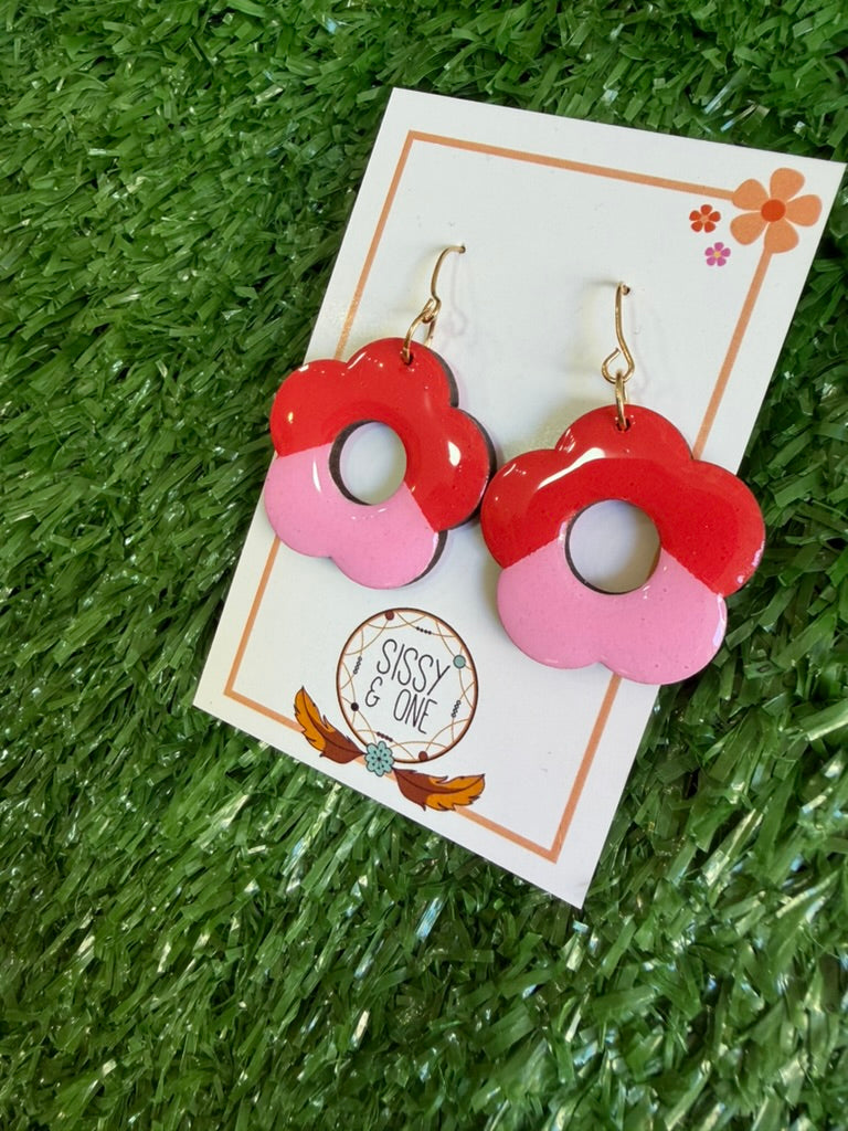 Flower Pink and Red Colour Block Earrings