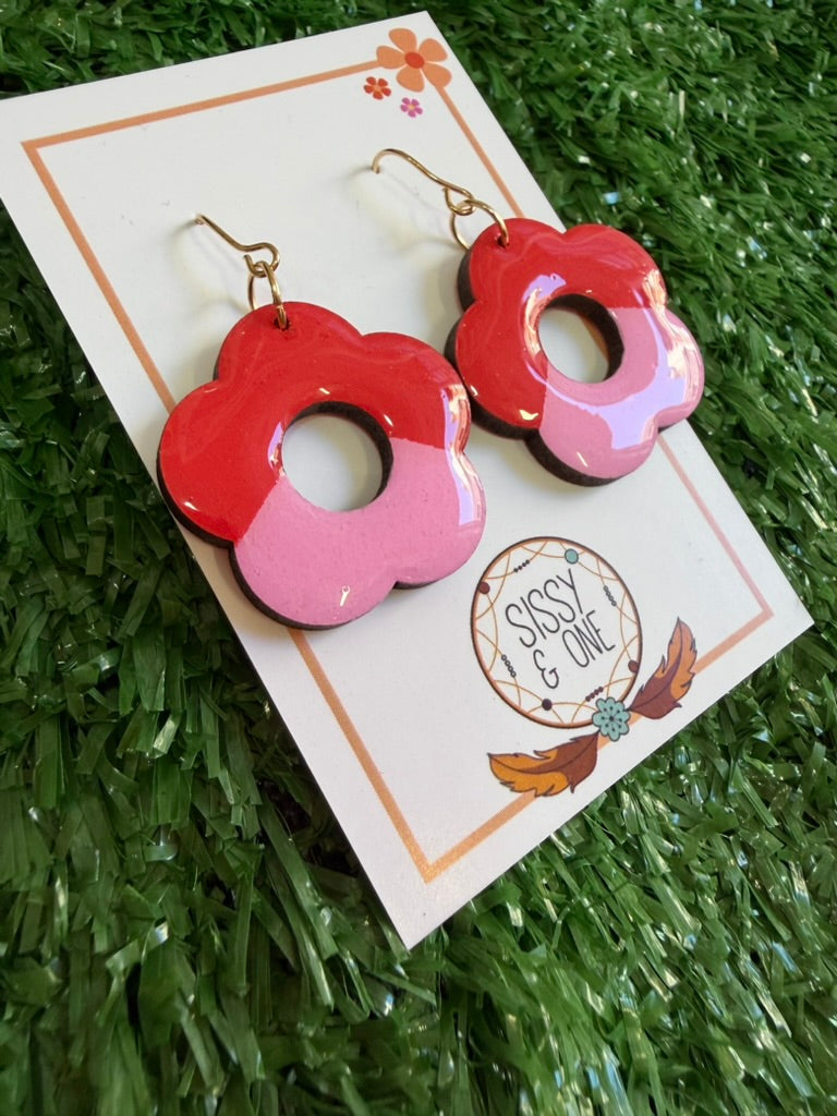 Flower Pink and Red Colour Block Earrings