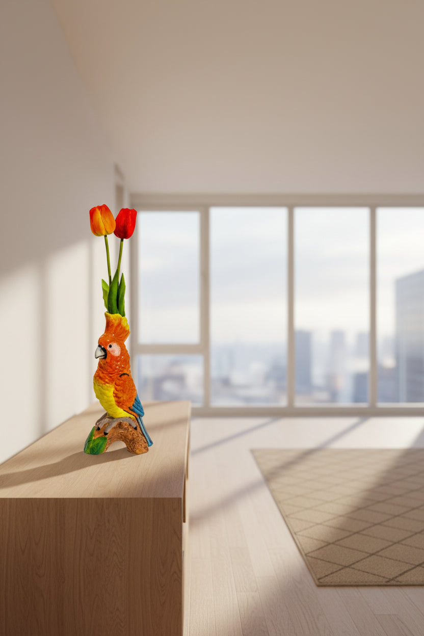Orange Parrot on Perch Ceramic Vase