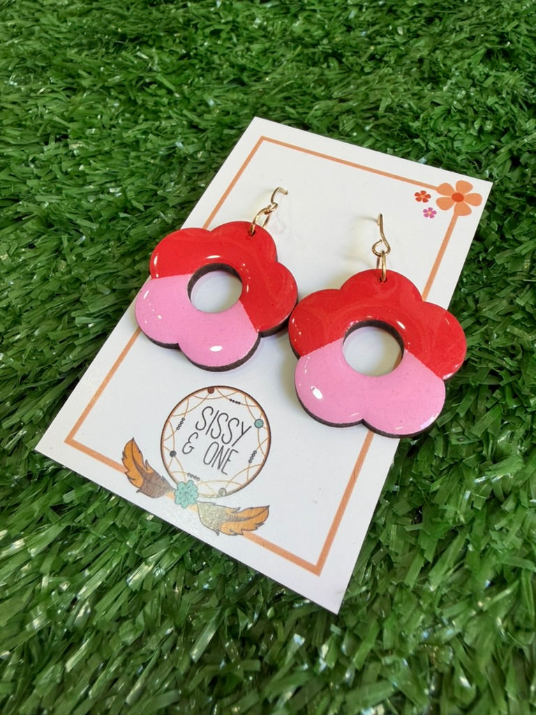 Flower Pink and Red Colour Block Earrings