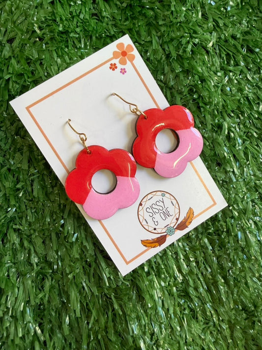 Flower Pink and Red Colour Block Earrings